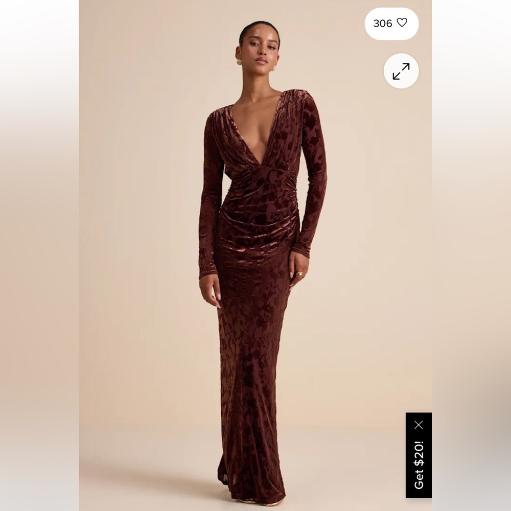 NWT Lulus Patricia Brown Velvet Burnout Long Sleeve Maxi Dress - Size XL